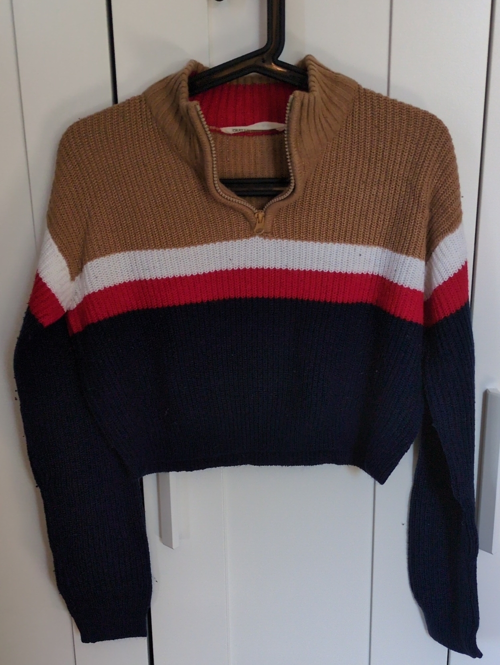 Bluenotes Cropped Striped Half-Zip Sweater - Brown, Navy, Red, White
